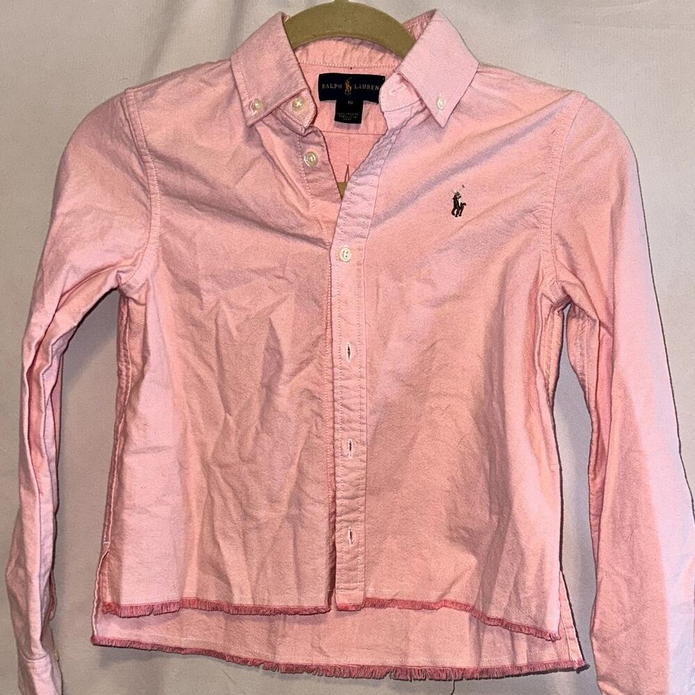 Ralph Lauren Boys Size 10 Pink Frayed Hem Collared Long Sleeve Button Up NWT